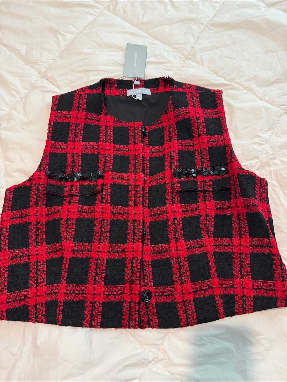 ANTONIO MELANI Red and Black Plaid Tweed Vest